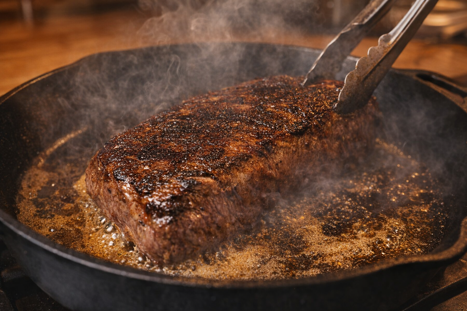 Close-up action shot of a London broil searing in a hot cast iron skillet, with visible smoke and sizzling oil, capturing the browning process, focus on the steak surface, warm artificial light